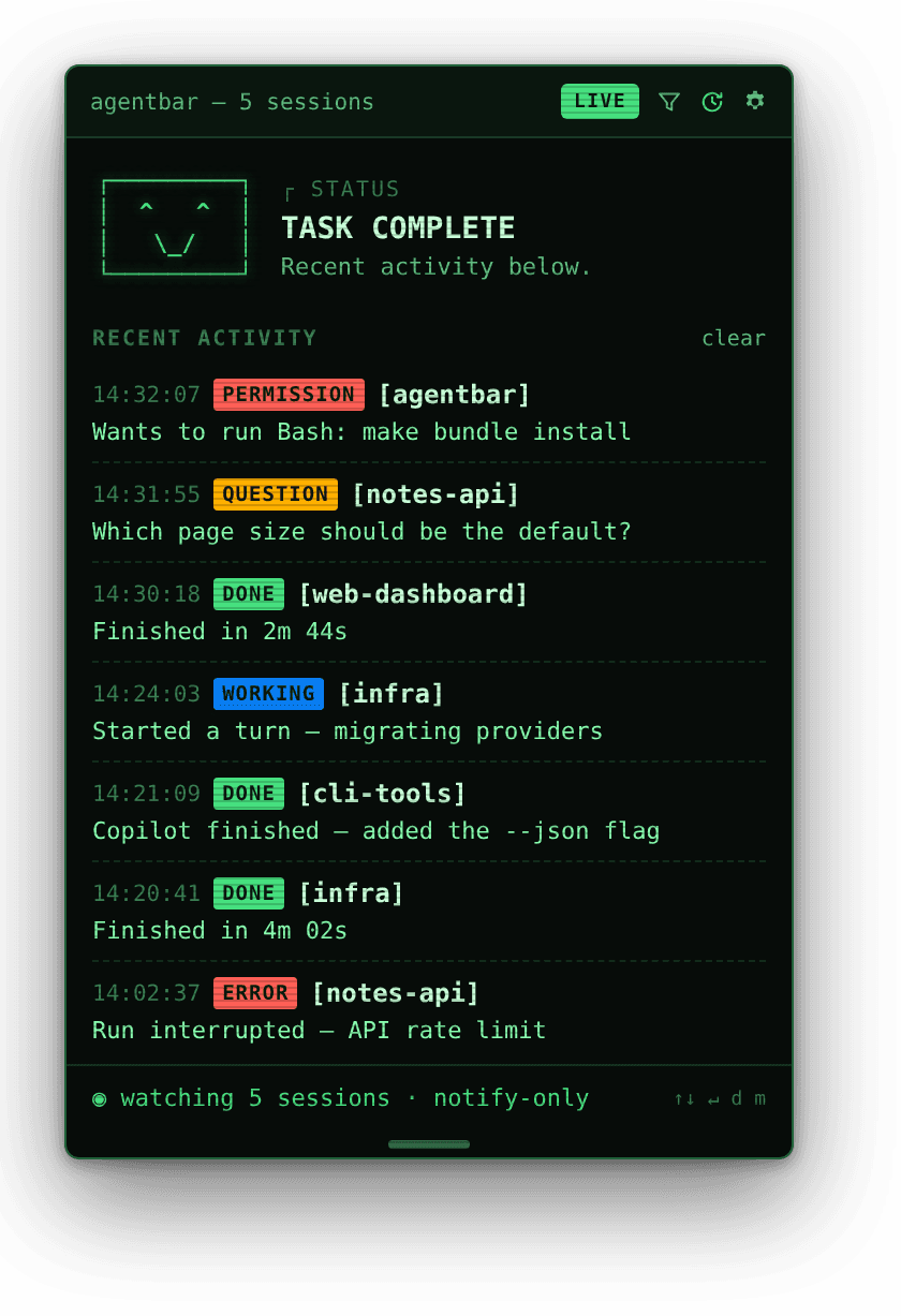 The recent-activity log: a newest-first list of surfaced events, each with a timestamp, status tag, project, and one-line summary