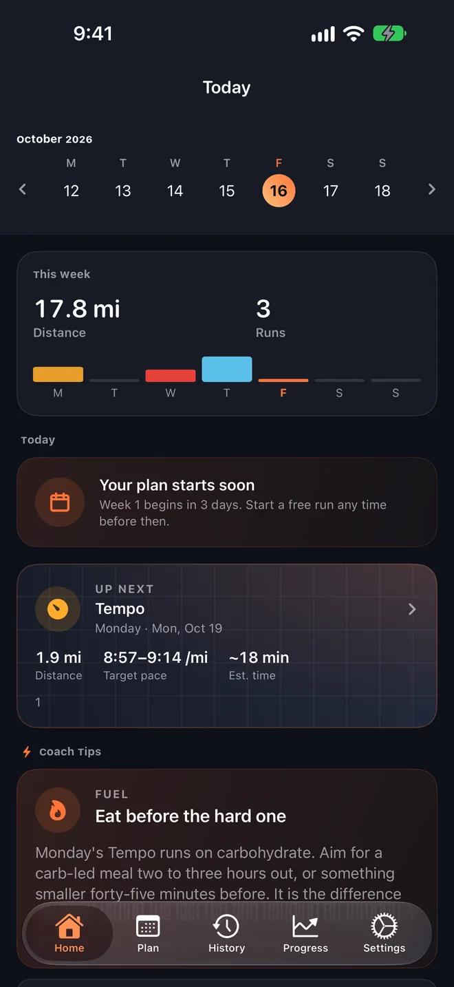 Stride's Home tab: this week's distance and runs, today's plan, the next session with its target pace, and a coach tip.